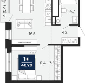 1-к квартира, вторичка, 40м2, 17/18 этаж