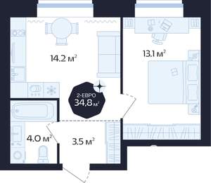 2-к квартира, сданный дом, 35м2, 8/16 этаж