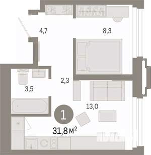 1-к квартира, вторичка, 32м2, 13/25 этаж