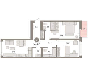 2-к квартира, вторичка, 73м2, 8/25 этаж