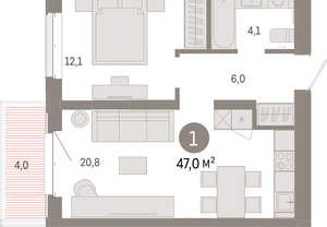 1-к квартира, вторичка, 47м2, 4/11 этаж