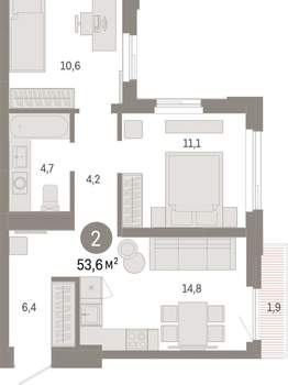 2-к квартира, вторичка, 54м2, 12/25 этаж