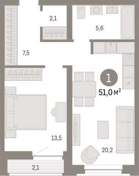 1-к квартира, вторичка, 51м2, 4/10 этаж