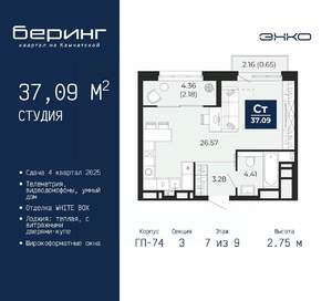 Студия квартира, вторичка, 37м2, 7/9 этаж