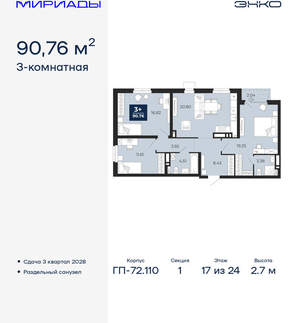 3-к квартира, вторичка, 91м2, 17/24 этаж