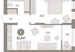 1-к квартира, вторичка, 51м2, 16/17 этаж