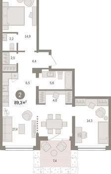 2-к квартира, вторичка, 89м2, 1/9 этаж