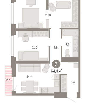 2-к квартира, вторичка, 64м2, 9/25 этаж