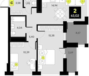 2-к квартира, вторичка, 63м2, 4/14 этаж