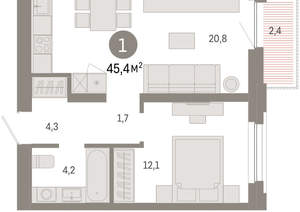 1-к квартира, вторичка, 45м2, 4/16 этаж