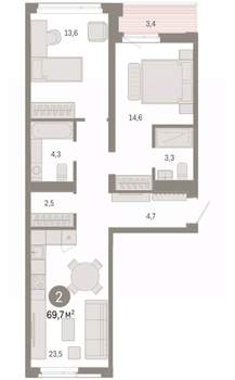 2-к квартира, вторичка, 70м2, 9/9 этаж