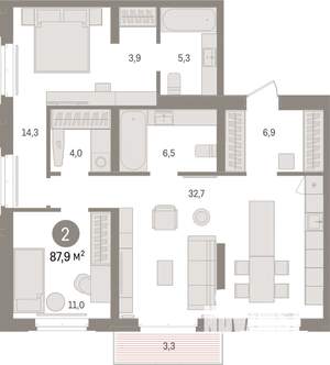 2-к квартира, вторичка, 88м2, 6/16 этаж