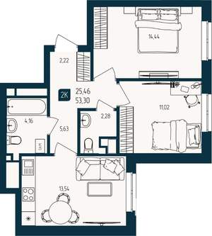 2-к квартира, строящийся дом, 53м2, 11/25 этаж