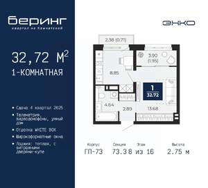 1-к квартира, вторичка, 33м2, 8/22 этаж
