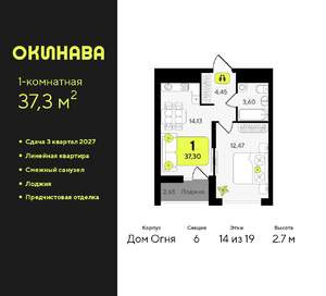 1-к квартира, вторичка, 37м2, 14/19 этаж
