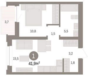 1-к квартира, вторичка, 42м2, 5/10 этаж
