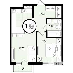 1-к квартира, строящийся дом, 40м2, 3/4 этаж