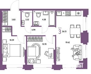 3-к квартира, вторичка, 56м2, 5/25 этаж