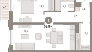 1-к квартира, вторичка, 60м2, 4/16 этаж