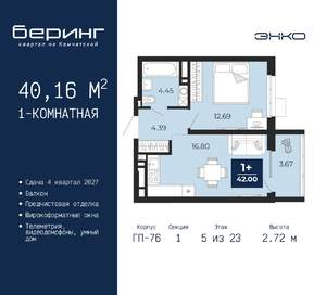 1-к квартира, вторичка, 40м2, 5/23 этаж