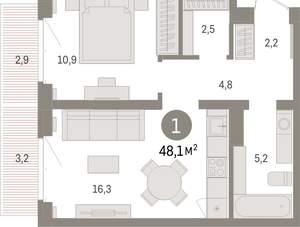 1-к квартира, вторичка, 48м2, 4/16 этаж