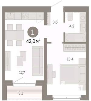 1-к квартира, вторичка, 42м2, 6/11 этаж