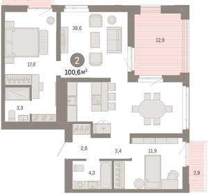 2-к квартира, вторичка, 101м2, 3/25 этаж