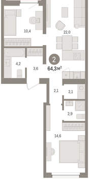 2-к квартира, вторичка, 64м2, 7/16 этаж