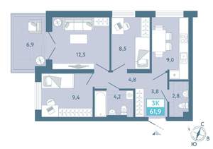 2-к квартира, строящийся дом, 62м2, 1/19 этаж