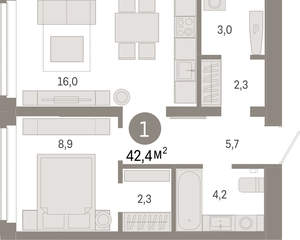 1-к квартира, вторичка, 42м2, 8/16 этаж