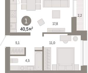 1-к квартира, вторичка, 40м2, 8/17 этаж