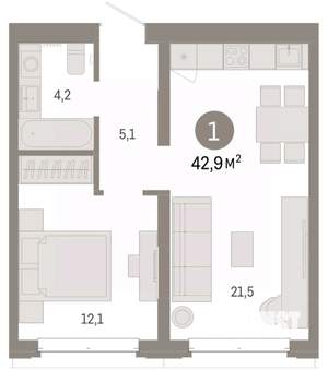 1-к квартира, вторичка, 43м2, 2/7 этаж