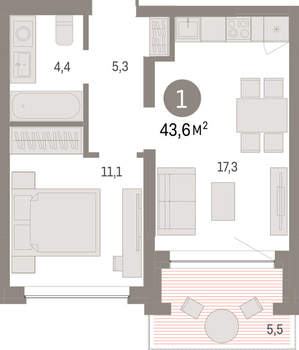 1-к квартира, вторичка, 44м2, 2/8 этаж