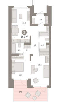 2-к квартира, вторичка, 95м2, 1/8 этаж