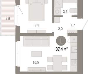 1-к квартира, вторичка, 37м2, 4/11 этаж