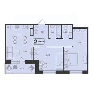 2-к квартира, строящийся дом, 61м2, 16/23 этаж