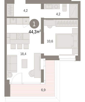 1-к квартира, вторичка, 44м2, 3/16 этаж