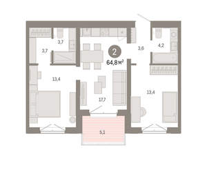 2-к квартира, вторичка, 65м2, 2/11 этаж
