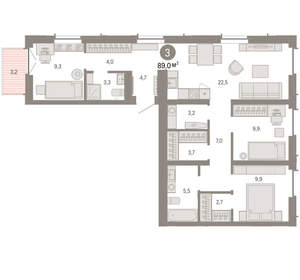 3-к квартира, вторичка, 89м2, 5/16 этаж