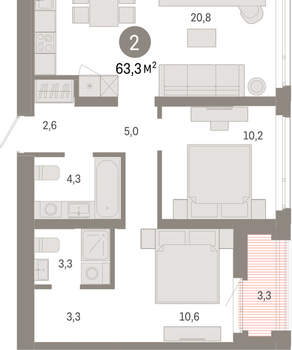 2-к квартира, вторичка, 63м2, 9/25 этаж