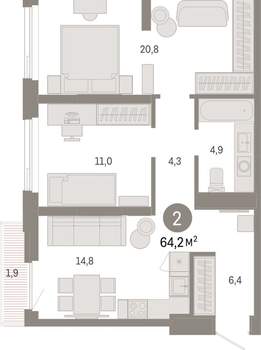 2-к квартира, вторичка, 64м2, 10/25 этаж