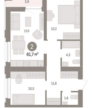 2-к квартира, вторичка, 62м2, 6/10 этаж