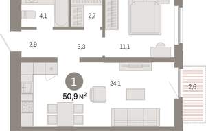 1-к квартира, вторичка, 51м2, 4/16 этаж