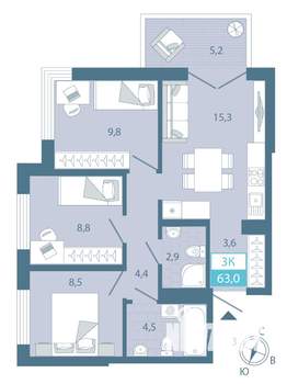 2-к квартира, строящийся дом, 63м2, 1/25 этаж