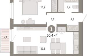 1-к квартира, вторичка, 50м2, 8/16 этаж