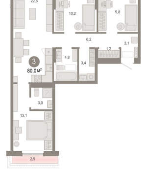 3-к квартира, вторичка, 80м2, 7/17 этаж