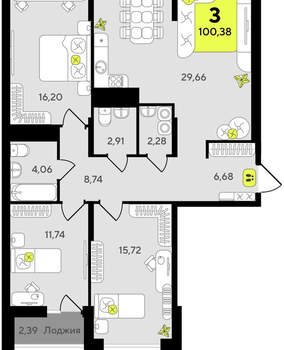 3-к квартира, вторичка, 100м2, 11/19 этаж