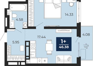 1-к квартира, вторичка, 44м2, 17/20 этаж