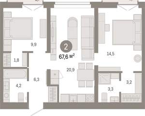 2-к квартира, вторичка, 68м2, 9/16 этаж