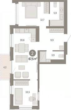 2-к квартира, вторичка, 68м2, 18/25 этаж